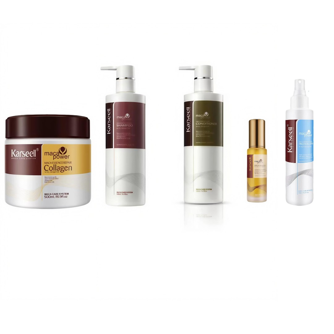 Masca, Sampon, Balsam, Ulei si Leave-in de par Karseell Collagen CEZI, pentru toate tipurile de par, cu esenta de maca, masca 500ML, sampon 500ML, ulei 50ML, leave-in 200ML
