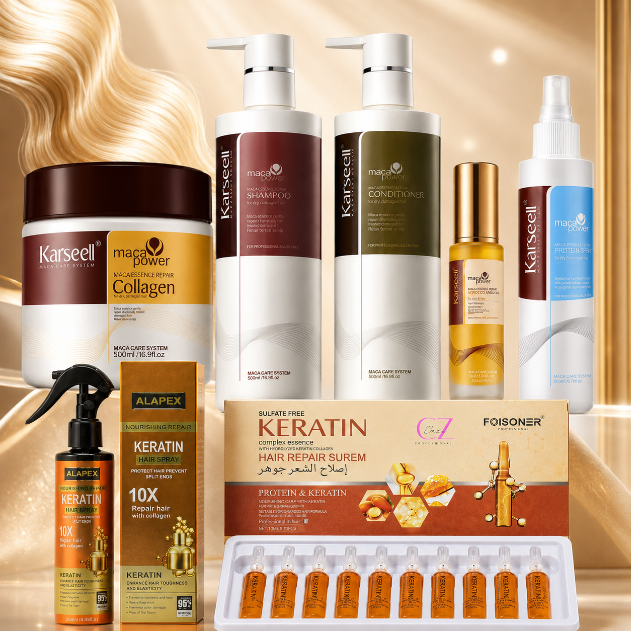 Set Complet Karseell Collagen – Îngrijire Premium pentru Păr | Mască, Șampon, Balsam, Ulei, Leave-In, Spray cu Protecție Termică si Ulei fiole premium | Reparare & Hidratare Intensă