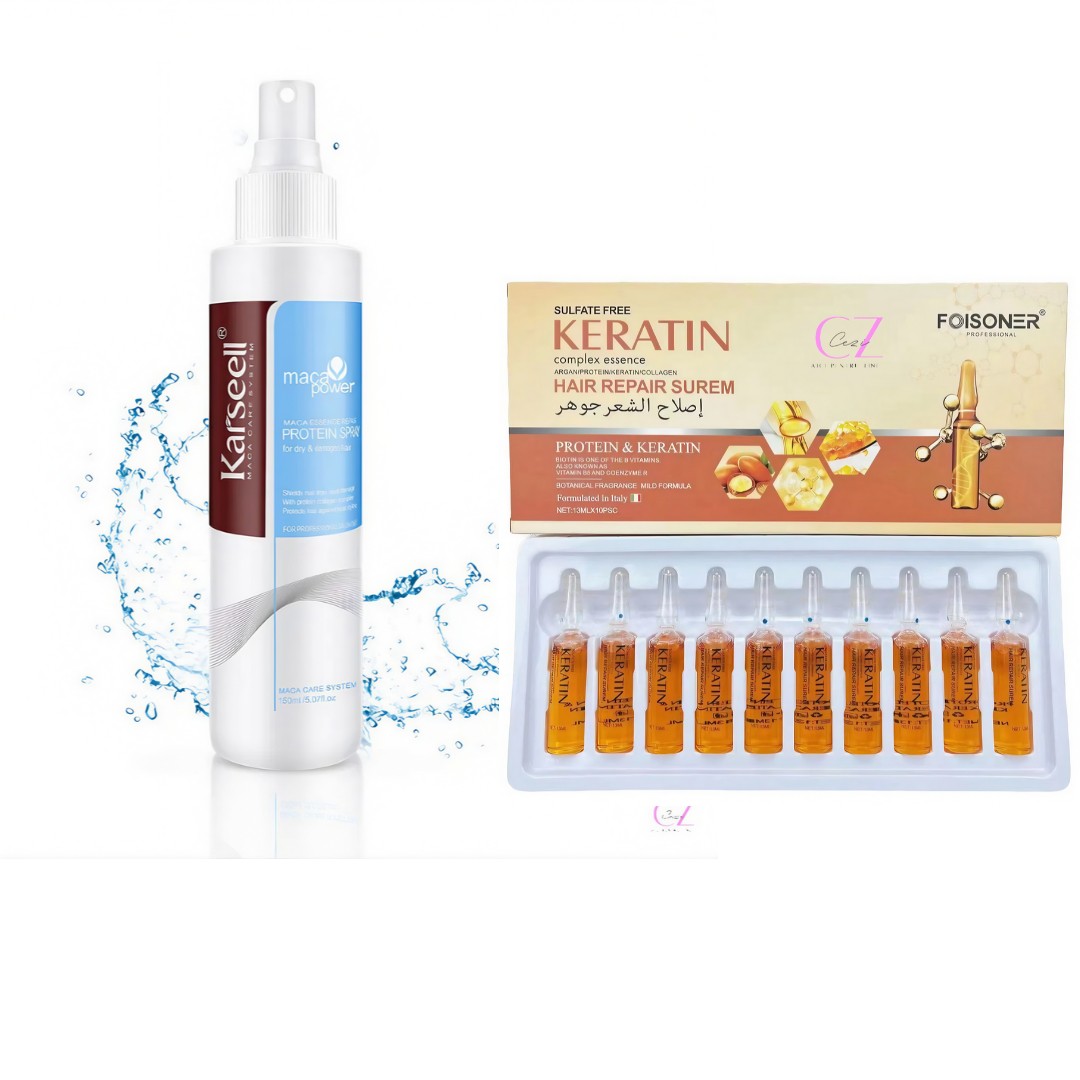 Spray profesional Leave-in pentru par cu protectie termica, 200 ML + Ulei premium de reparare a parului cu Keratina, Argan, Colagen, tratament de ingrijire a parului 10 x Fiole, CEZI