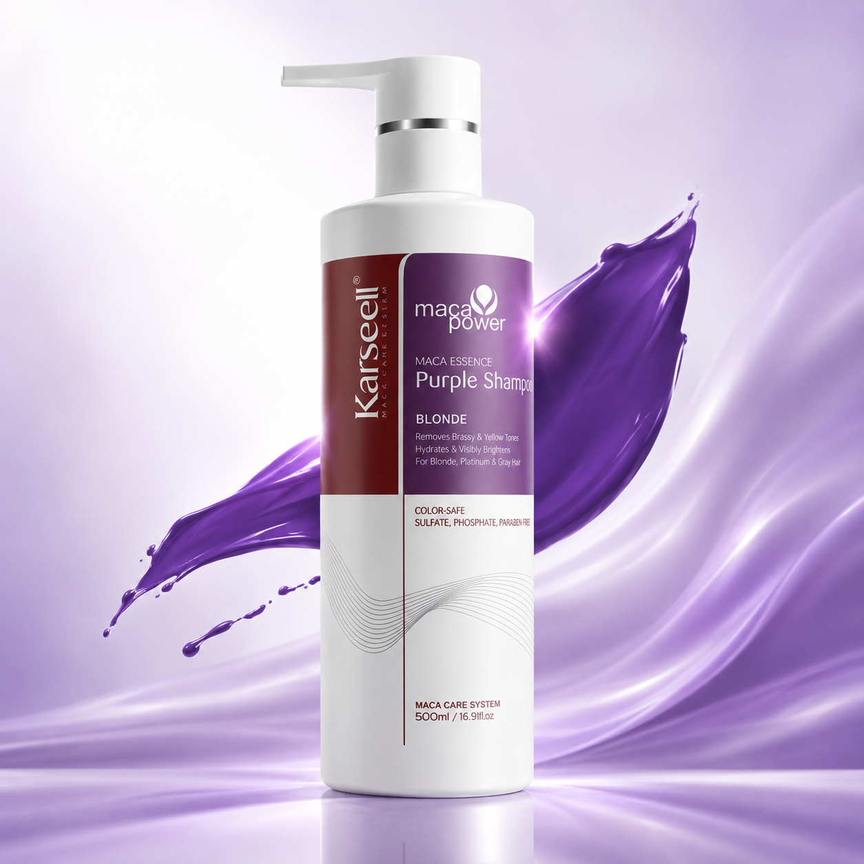 Sampon nuantator Mov/Violet Karseell, neutralizează tonurile galbene si portocalii, hidrateaza si repara parul blond, gri sau decolorat, 500ml, CEZI