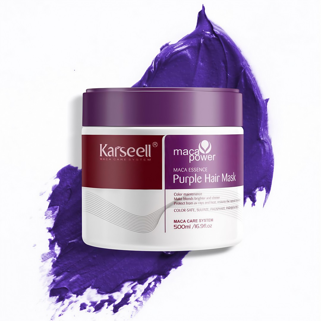 Masca nuantatoare tratament par Mov/Violet Karseell, neutralizeaza tonurile galbene si portocalii, hidrateaza si repara parul blond, decolorat sau gri, 500ml, CEZI