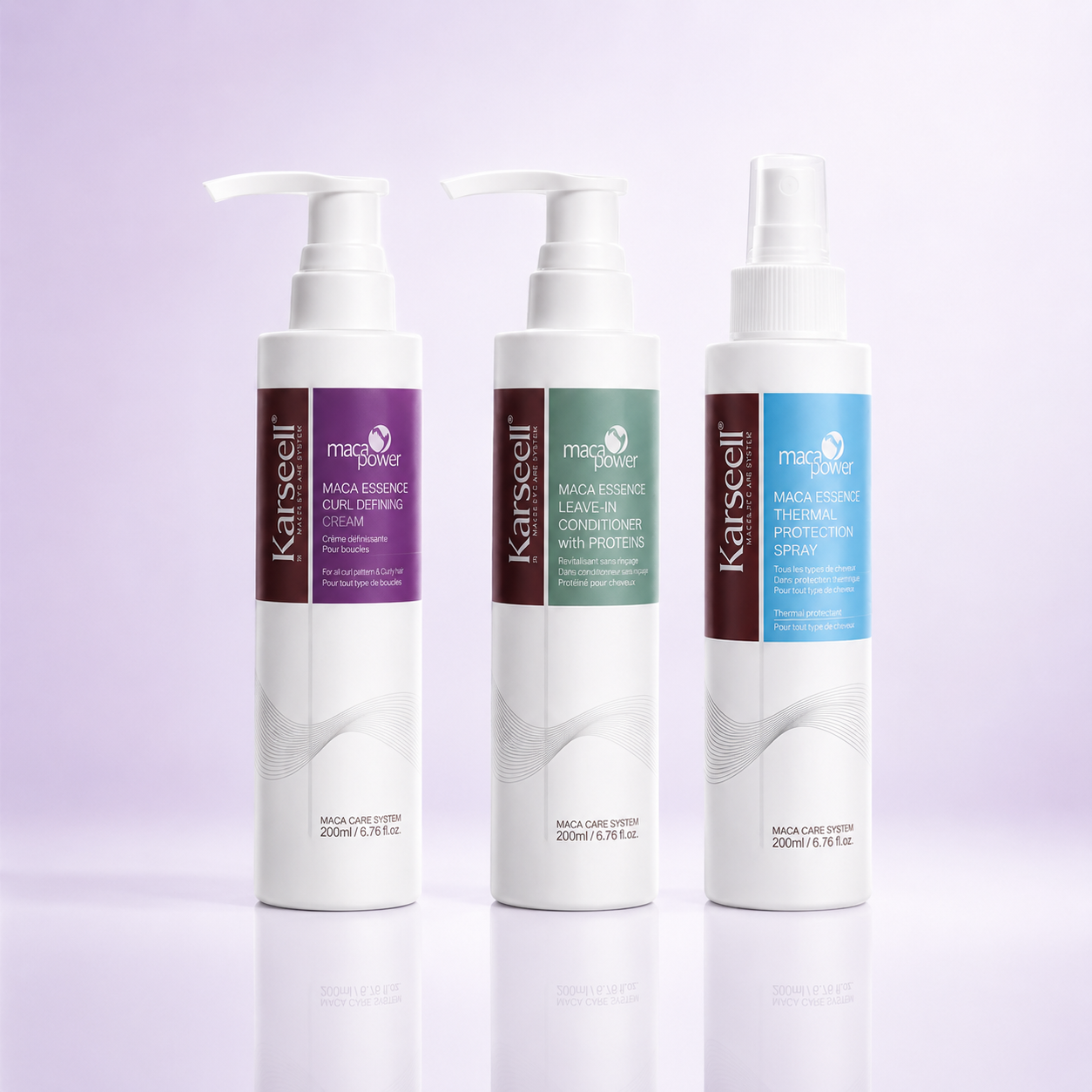 Set Definire Bucle & Protecție Termică Karseell – Cremă Bucle 200ml + Leave-In cu Proteine 200ml + Spray Termoprotector 200ml