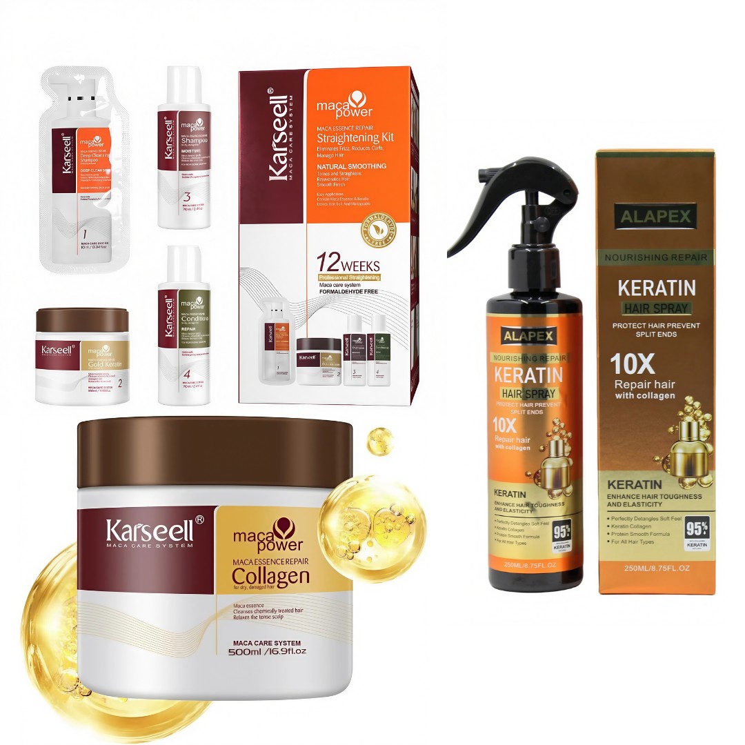 Set Îndreptare și Întreținere Păr Neted Karseell – Kit Profesional Îndreptare cu Maca + Mască Tratament Colagen 500ml + Spray Reparare Rapidă 250ml