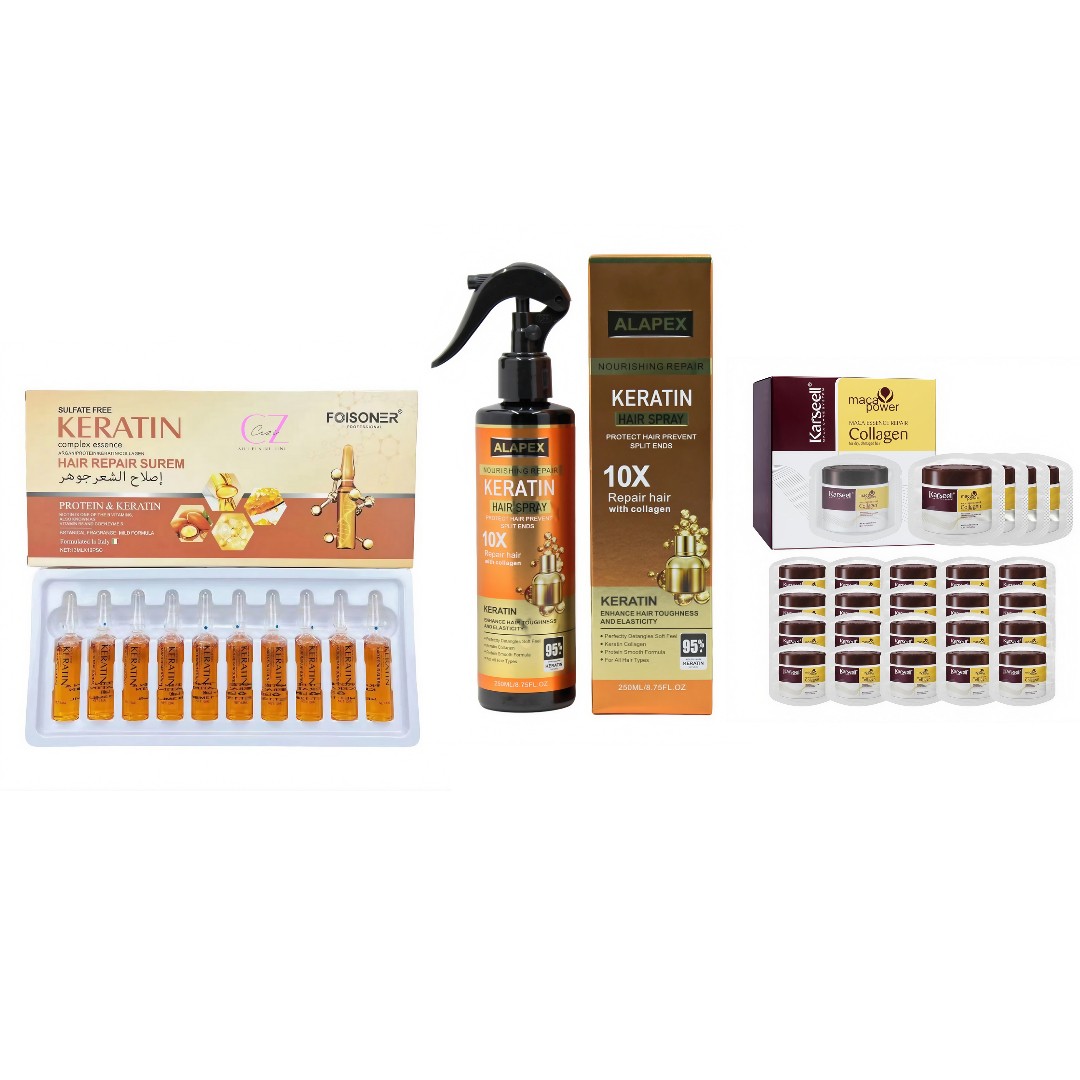 Set Reparare Express par – Spray Rapid 250ml + 10 Fiole cu Keratină, Argan și Colagen + 24 Măști Monodoze | Tratament Intensiv pentru Păr Deteriorat