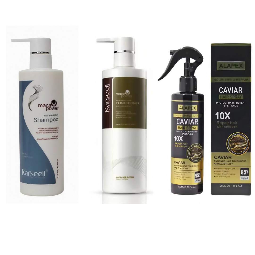 Set Detox & Scalp Curat Karseell – Șampon Antimătreață 500ml + Balsam Hidratant 500ml + Spray cu Caviar pentru Reparare 250ml