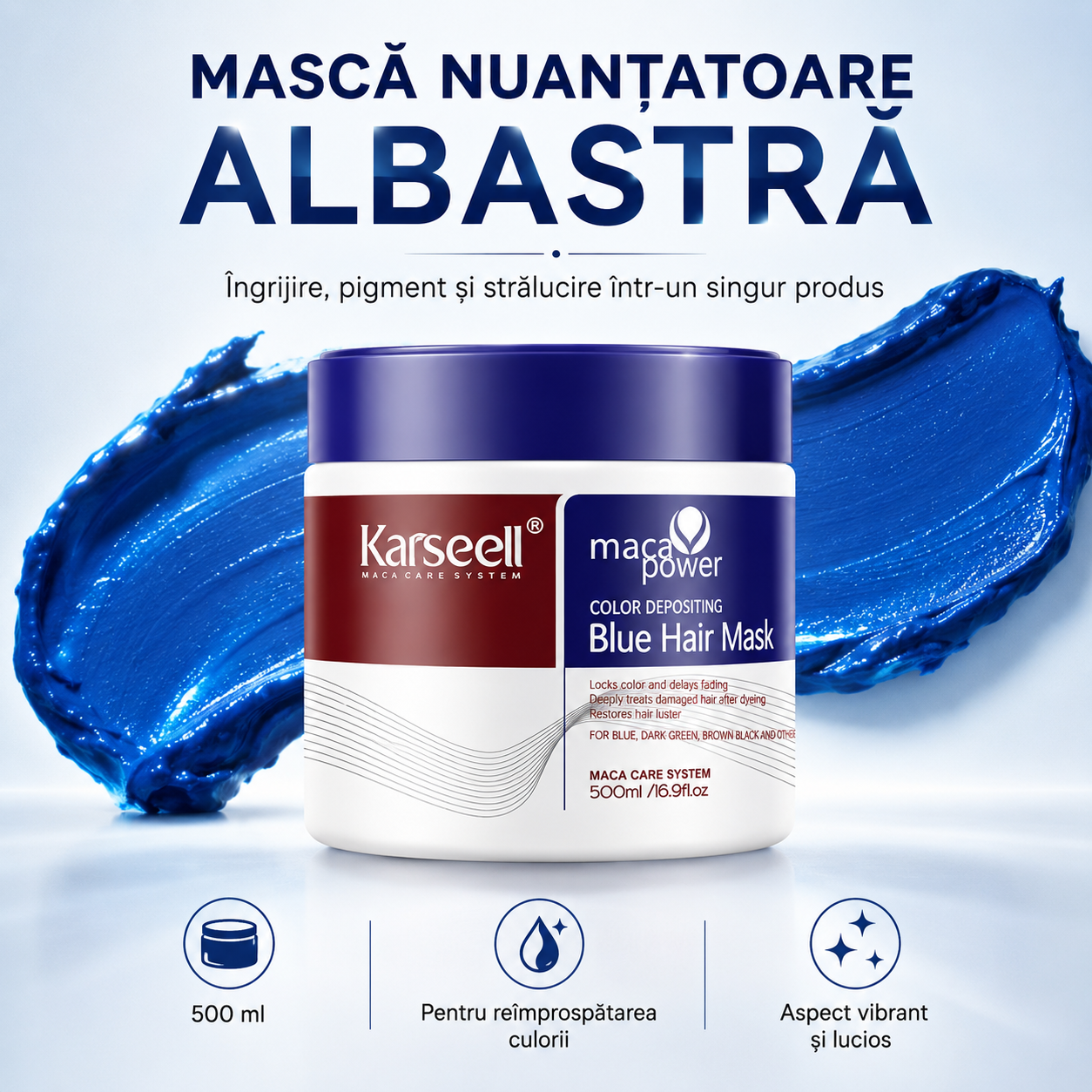 Karseell Masca Nuantatoare Albastra 500 ml – Fixeaza Culoarea si Reda Stralucirea, Hidratare Intensa pentru Parul Vopsit