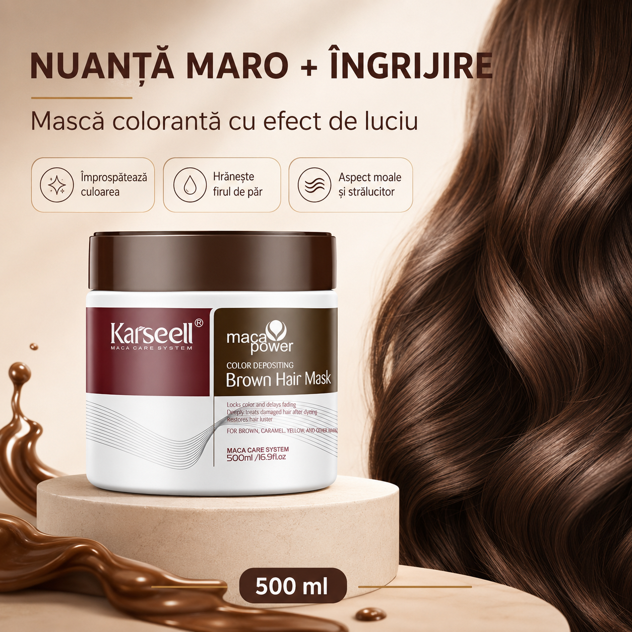 Karseell Masca Nuantatoare pentru Par Maro - 500 ml, Stralucire, Fixare Durabila a Culorii & Hidratare