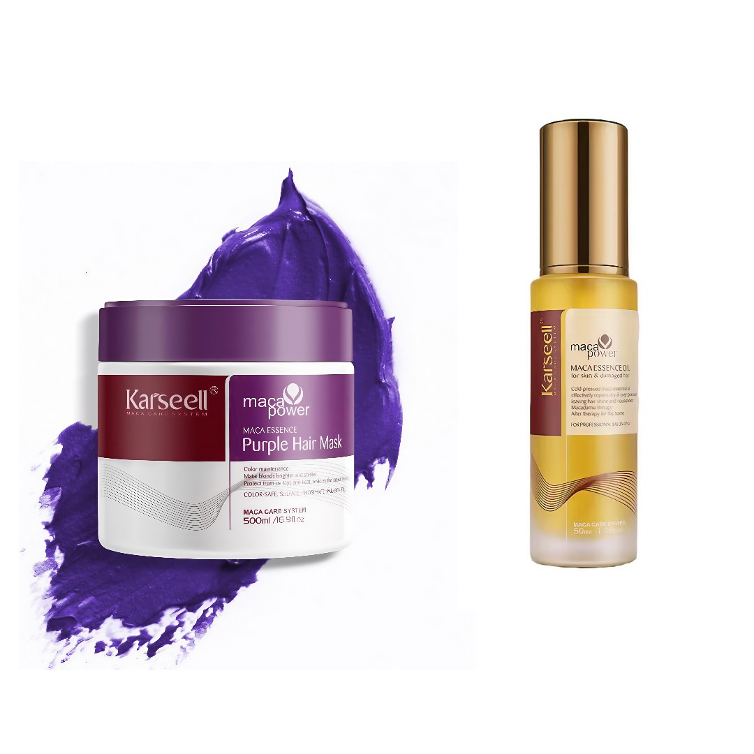 Set Premium Karseell Mov – Masca Mov pentru Par Blond & Gri cu Ulei de Argan 500 ml + 50 ml – Neutralizare Tonuri Caprui, Hidratare & Strălucire