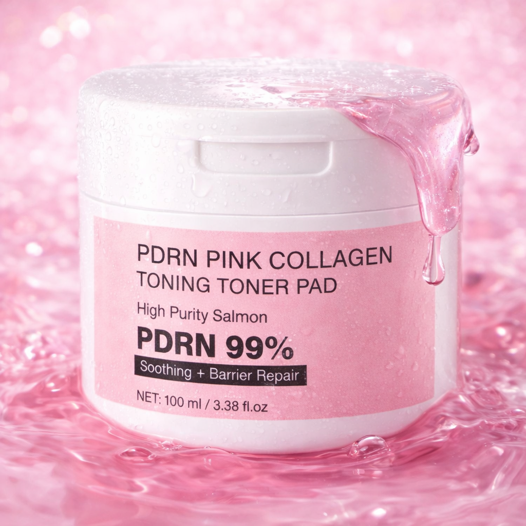 Pad-uri Toner cu PDRN Somon 99%, Colagen & Niacinamide, efect “Glass Glow”, calmare + fermitate, 100 ml