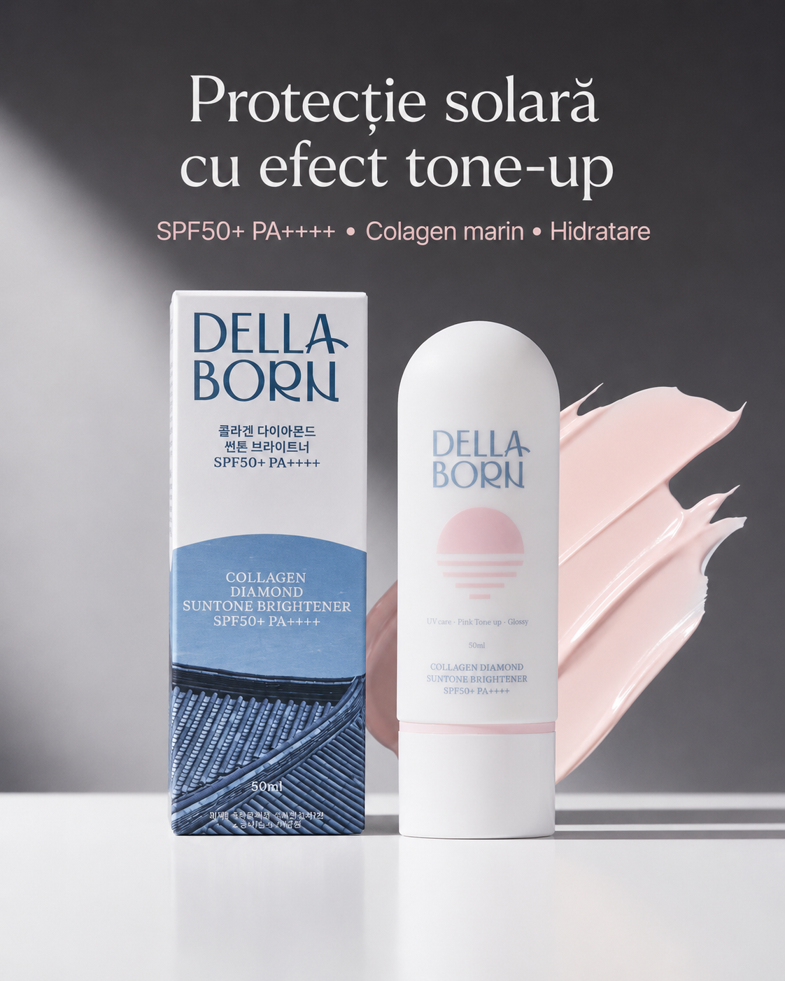 DELLA BORN – Cremă Coreeană cu Protecție Solară SPF50+ PA++++ și Colagen Marin 50g | Iluminare Ten, Efect Tone-Up și Hidratare (K-Beauty)