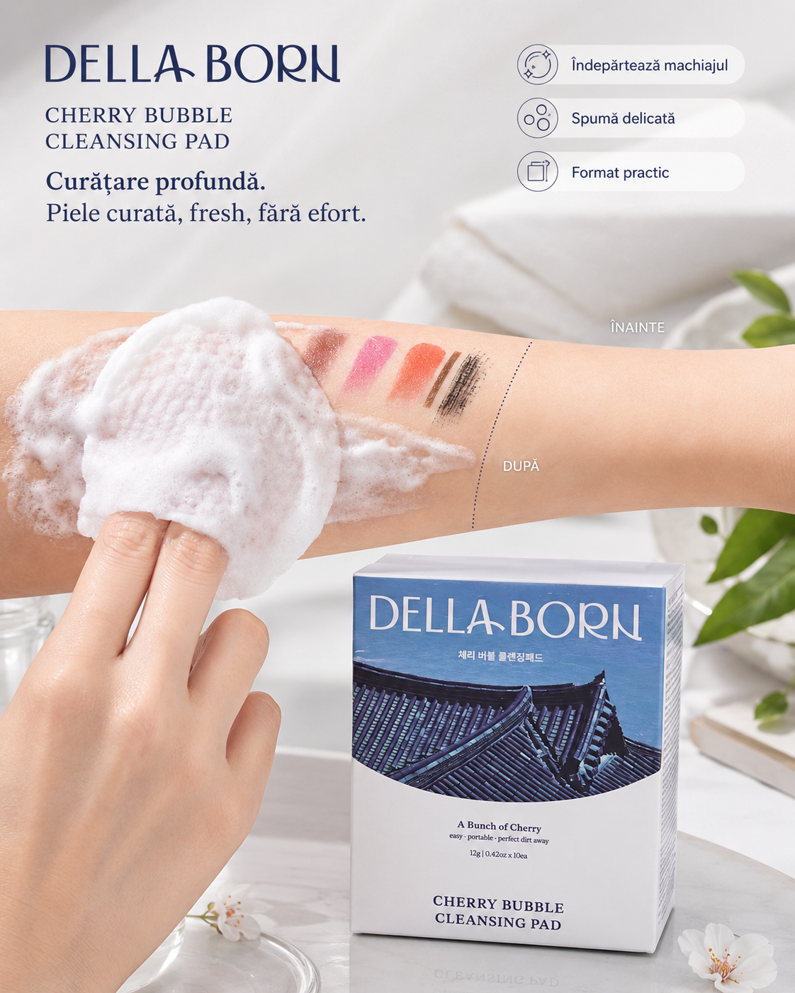 DELLA BORN – Dischete Demachiante Coreene Cherry Bubble Cleansing Pad 1 Cutie-10 bucati|Curățare Delicată, Hidratare (K-Beauty)