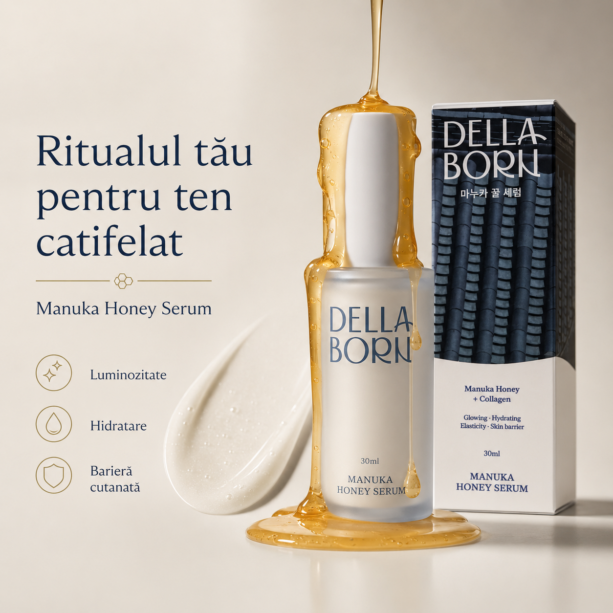 DELLA BORN – Ser Coreean cu Miere Manuka și Colagen Marin 30ml | Hidratare Intensivă, Efect Glass Skin (K-Beauty)
