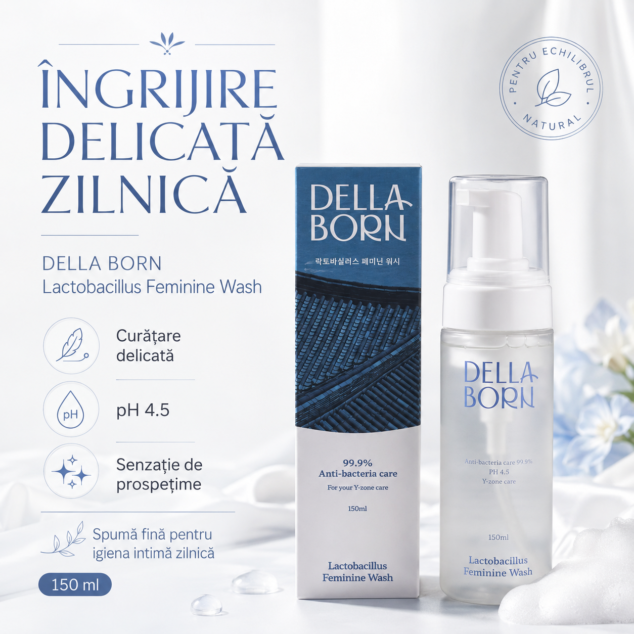 DELLA BORN – Gel Intim Delicat cu Lactobacillus 150ml | Curățare Delicată, Hidratare și Echilibru pH, Îngrijire Zilnică (K-Beauty)